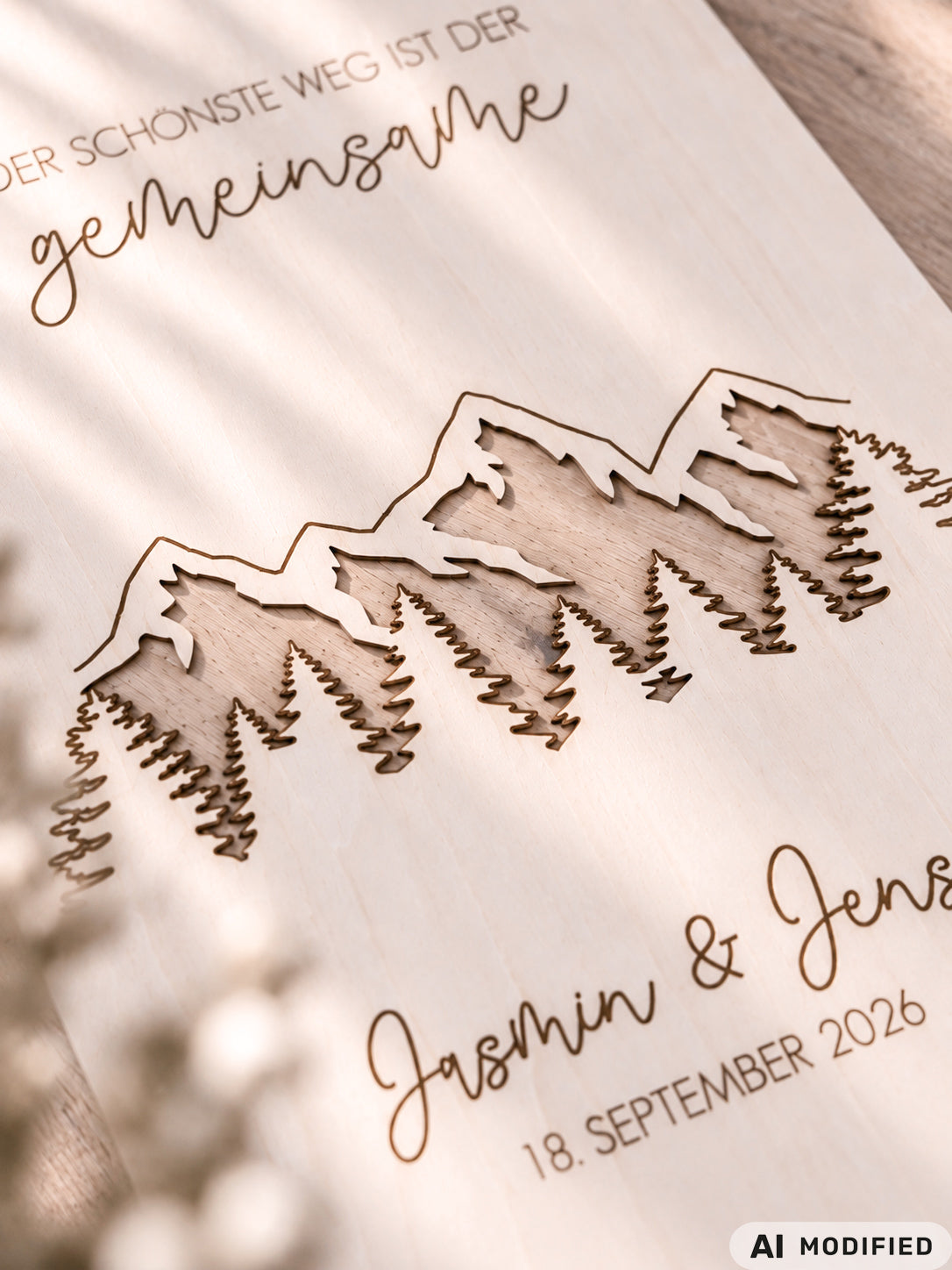 Personalisiertes Geldgeschenk zur Hochzeit aus Holz mit filigran ausgeschnittener Berg- und Waldlandschaft. Hinter den Bergen lassen sich Geldscheine dekorativ platzieren. Mit Gravur „Der schönste Weg ist der gemeinsame“, Namen des Brautpaares und Hochzeitsdatum. Originelles Hochzeitsgeschenk für Braut und Bräutigam, ideal als Geldgeschenk zur Hochzeit, personalisierte Hochzeitsdeko und besondere Geschenkidee für Paare, Bergliebhaber, Wanderfreunde und Naturliebhaber.