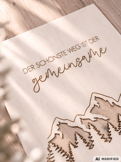 Personalisiertes Geldgeschenk zur Hochzeit aus Holz mit filigran ausgeschnittener Berg- und Waldlandschaft. Hinter den Bergen lassen sich Geldscheine dekorativ platzieren. Mit Gravur „Der schönste Weg ist der gemeinsame“, Namen des Brautpaares und Hochzeitsdatum. Originelles Hochzeitsgeschenk für Braut und Bräutigam, ideal als Geldgeschenk zur Hochzeit, personalisierte Hochzeitsdeko und besondere Geschenkidee für Paare, Bergliebhaber, Wanderfreunde und Naturliebhaber.