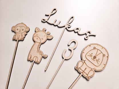 Cake Topper Löwe Giraffe Affe mit Namen und Alter zum Geburtstag personalisierbar aus Holz. Torten Dekoration perfekt als Geschenk