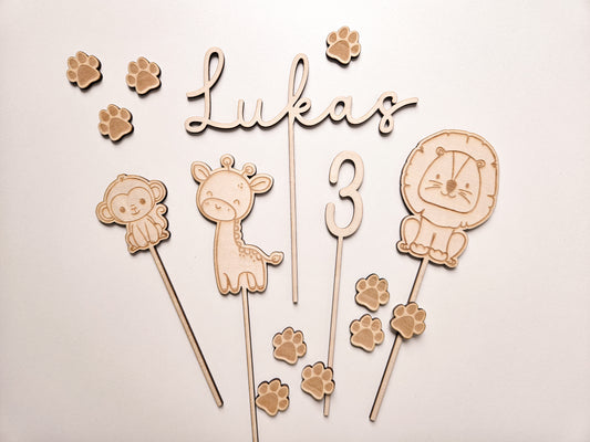 Cake Topper Löwe Giraffe Affe mit Namen und Alter zum Geburtstag personalisierbar aus Holz. Torten Dekoration perfekt als Geschenk