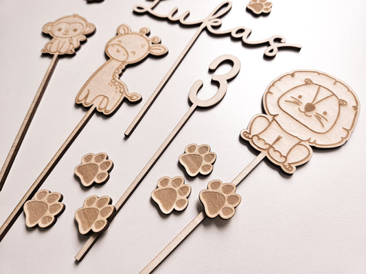 Cake Topper Löwe Giraffe Affe mit Namen und Alter zum Geburtstag personalisierbar aus Holz. Torten Dekoration perfekt als Geschenk