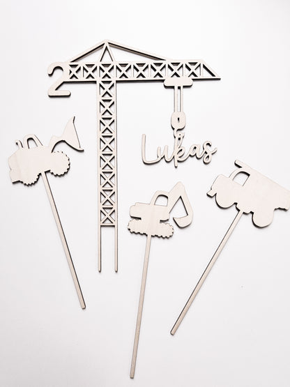 Cake Topper Kran mit Name und Alter aus Holz, personalisierte Torten Dekoration , personalisierbar mit Namen und Alter perfekt als Geschenk
