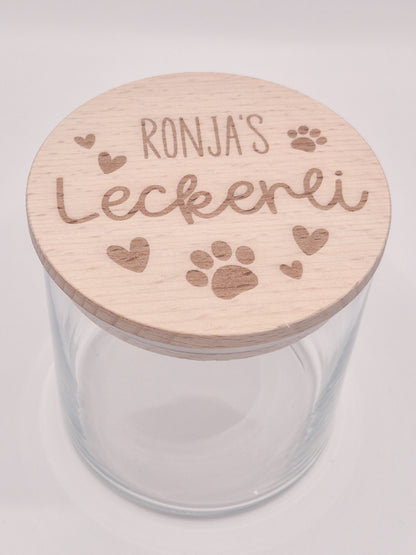 Personalisiertes Leckerli Glas für Hunde – gravierter Hundename, „Leckerli“, Tierpfoten als Geschenk für deinen vierbeinigen Liebling