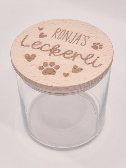 Personalisiertes Leckerli Glas für Hunde – gravierter Hundename, „Leckerli“, Tierpfoten als Geschenk für deinen vierbeinigen Liebling