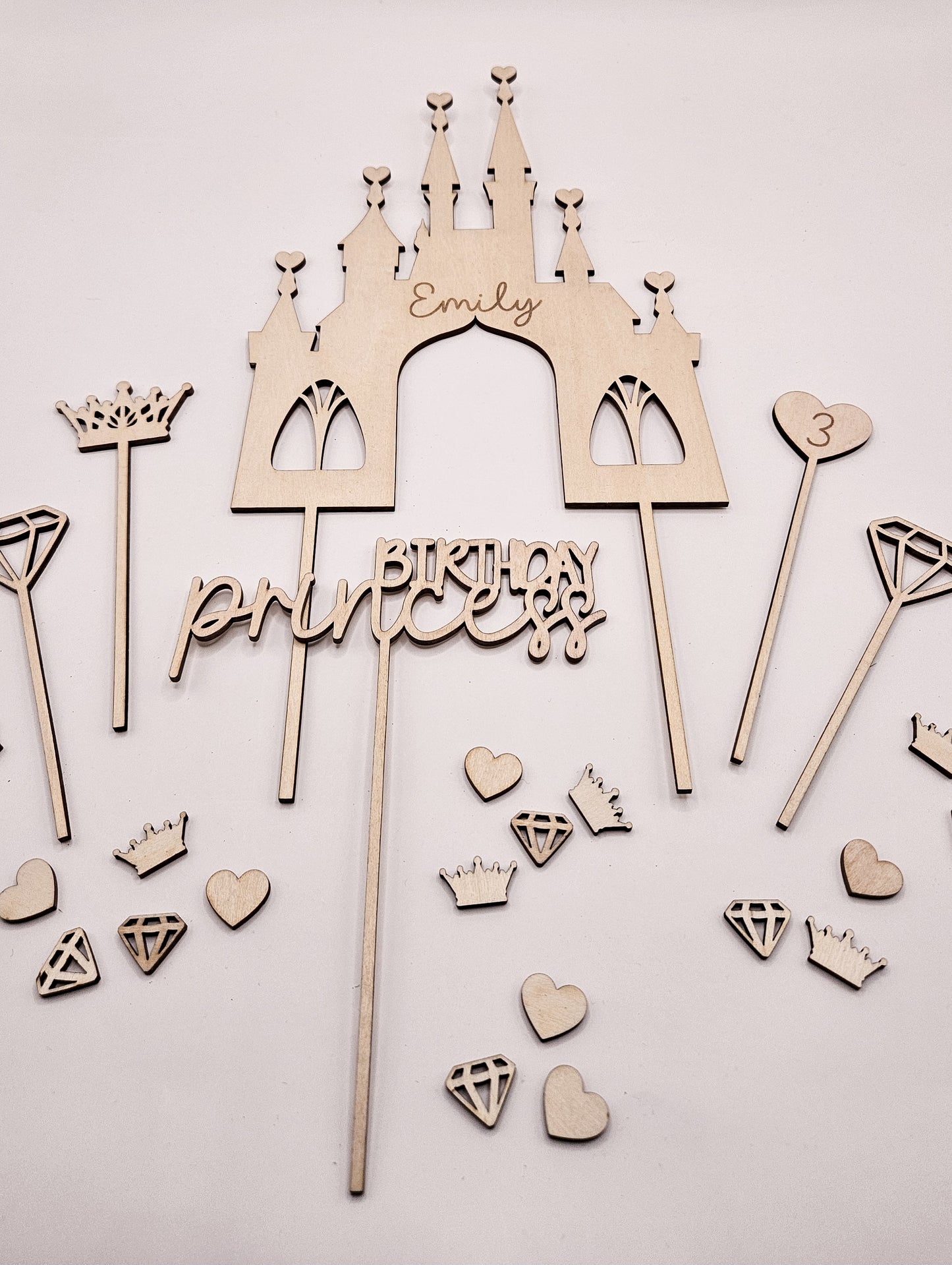 Personalisierter Cake Topper Holz – Prinzessin Schloss, Birthday Princess, Name, Alter Mädchen Geburtstag Deko