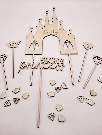Personalisierter Cake Topper Holz – Prinzessin Schloss, Birthday Princess, Name, Alter Mädchen Geburtstag Deko