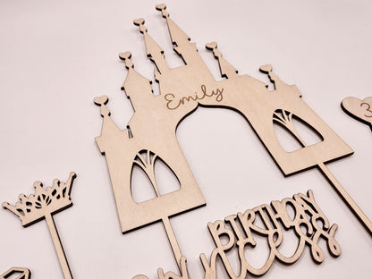 Personalisierter Cake Topper Holz – Prinzessin Schloss, Birthday Princess, Name, Alter Mädchen Geburtstag Deko