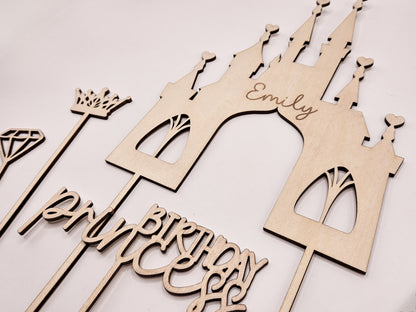 Personalisierter Cake Topper Holz – Prinzessin Schloss, Birthday Princess, Name, Alter Mädchen Geburtstag Deko
