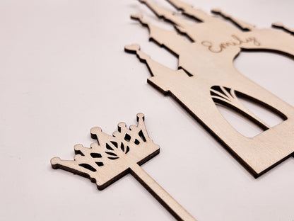 Personalisierter Cake Topper Holz – Prinzessin Schloss, Birthday Princess, Name, Alter Mädchen Geburtstag Deko