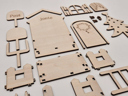 Personalisierte Wichteltür aus Holz mit Namen, Weihnachtsdeko im skandinavischen Stil, Kinderzimmer Dekoration mit Leiter, Bäumchen und Postkasten