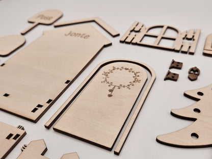 Personalisierte Wichteltür aus Holz mit Namen, Weihnachtsdeko im skandinavischen Stil, Kinderzimmer Dekoration mit Leiter, Bäumchen und Postkasten