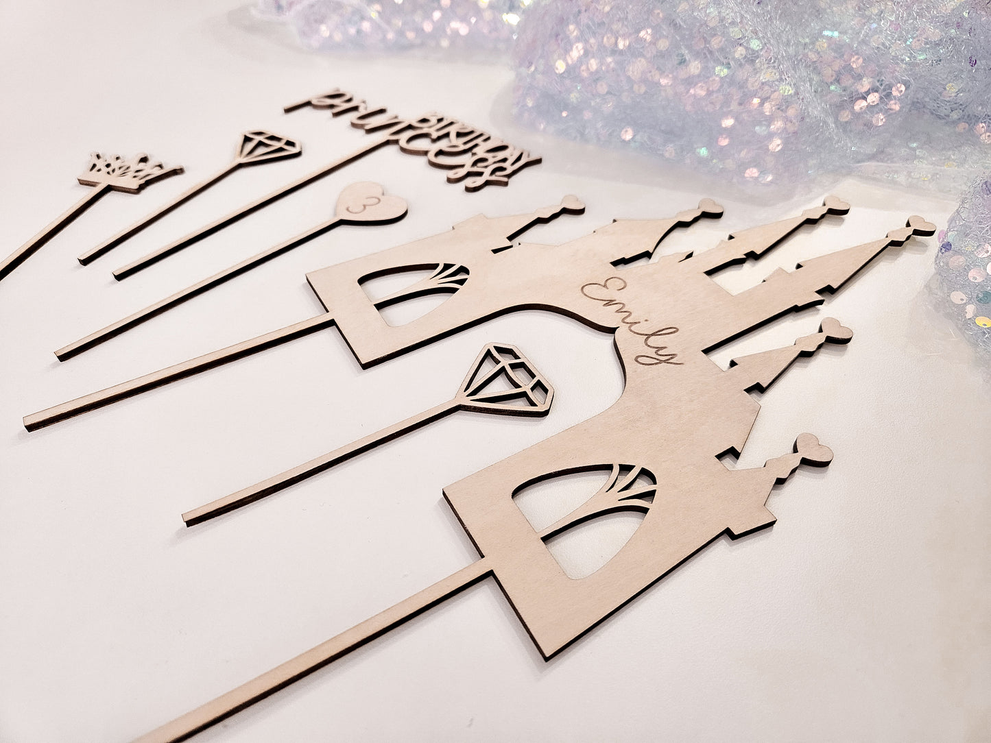 Personalisierter Cake Topper Holz – Prinzessin Schloss, Birthday Princess, Name, Alter Mädchen Geburtstag Deko