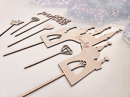 Personalisierter Cake Topper Holz – Prinzessin Schloss, Birthday Princess, Name, Alter Mädchen Geburtstag Deko