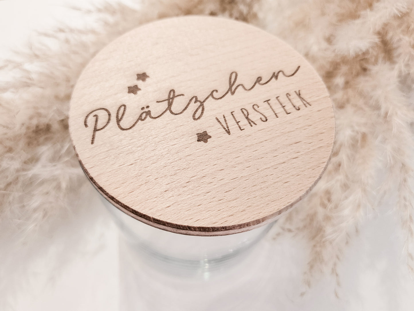 Glas mit graviertem Holzdeckel „Plätzchenversteck“ – stilvolle Keksdose für Weihnachten, nachhaltige Aufbewahrung im nordischen Design