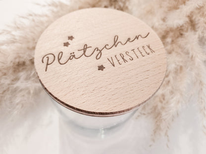 Glas mit graviertem Holzdeckel „Plätzchenversteck“ – stilvolle Keksdose für Weihnachten, nachhaltige Aufbewahrung im nordischen Design