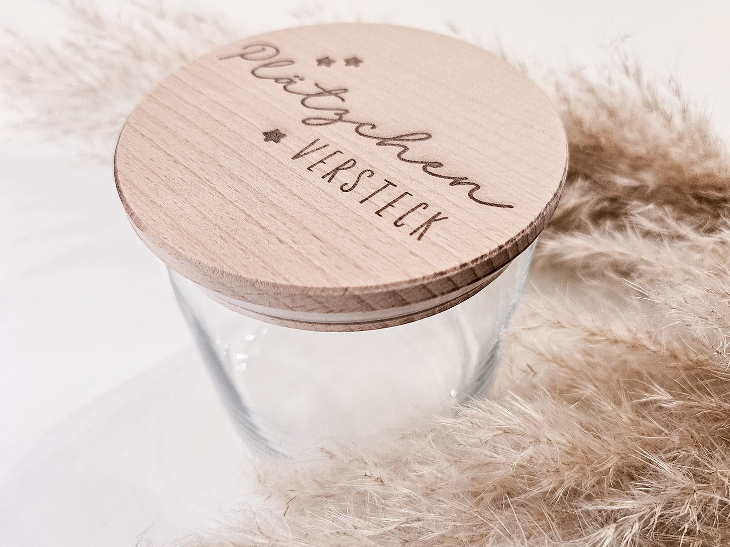 Glas mit graviertem Holzdeckel „Plätzchenversteck“ – stilvolle Keksdose für Weihnachten, nachhaltige Aufbewahrung im nordischen Design