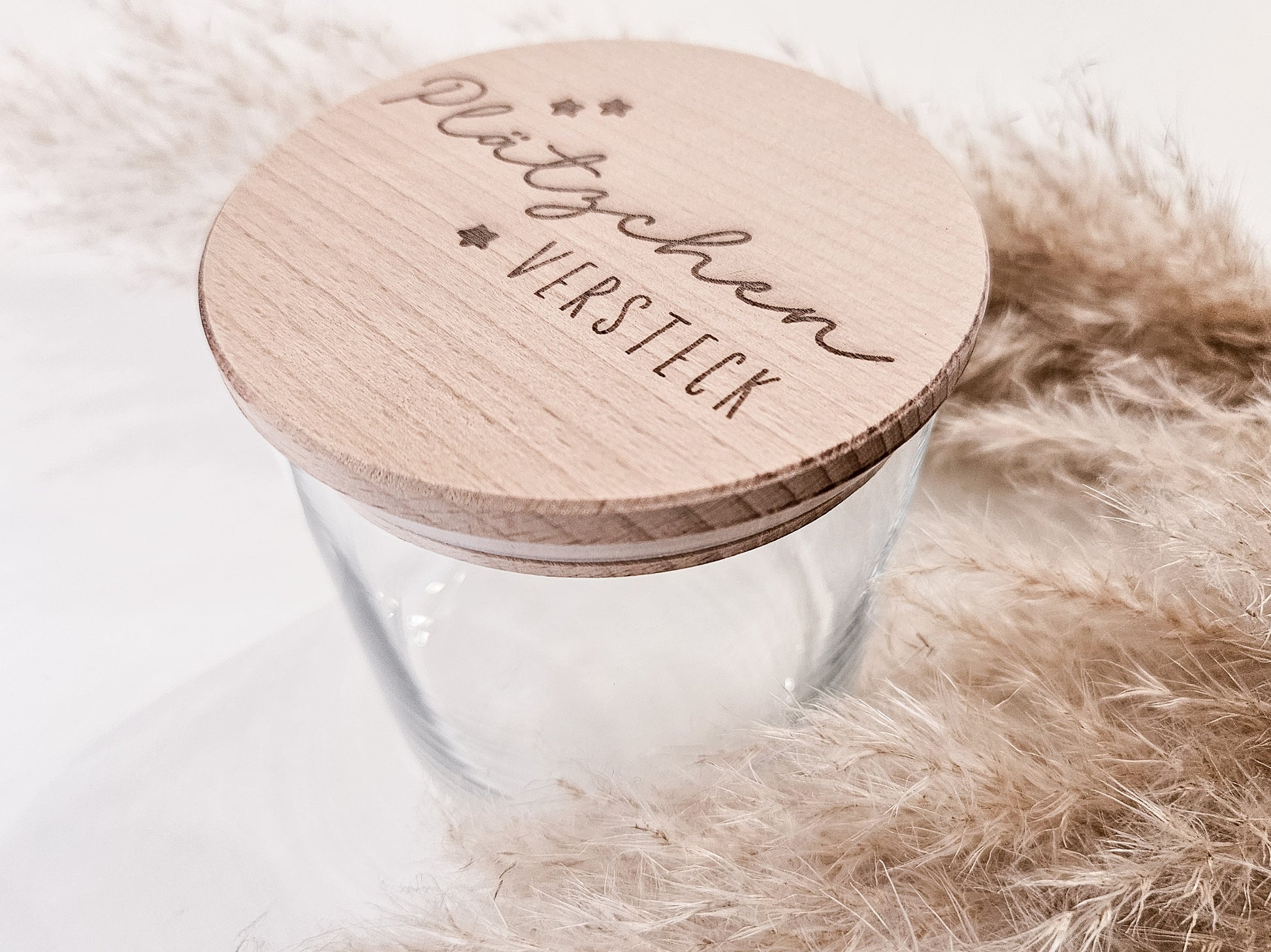 Glas mit graviertem Holzdeckel „Plätzchenversteck“ – stilvolle Keksdose für Weihnachten, nachhaltige Aufbewahrung im nordischen Design