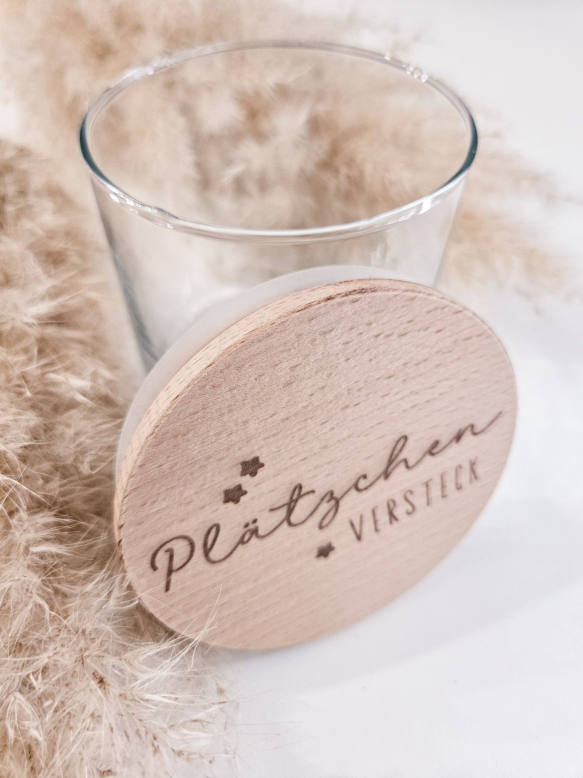 Glas mit graviertem Holzdeckel „Plätzchenversteck“ – stilvolle Keksdose für Weihnachten, nachhaltige Aufbewahrung im nordischen Design