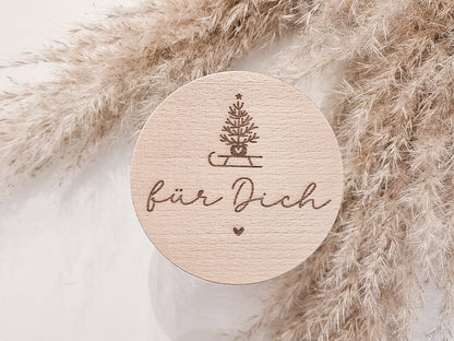 Glas mit graviertem Holzdeckel „für Dich“ – Tannenbaum, Herz, skandinavischer Stil, kleines Weihnachtsgeschenk.