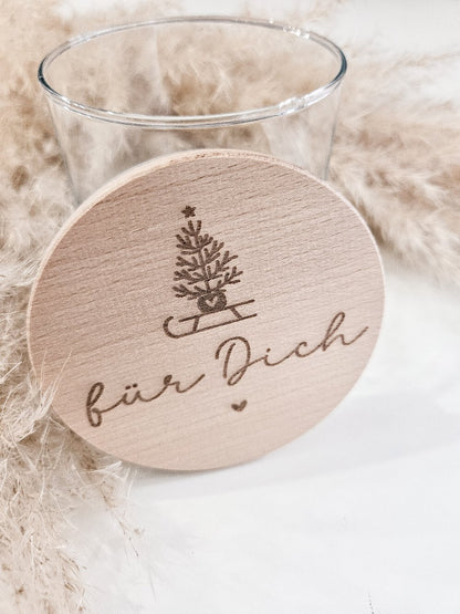 Glas mit graviertem Holzdeckel „für Dich“ – Tannenbaum, Herz, skandinavischer Stil, kleines Weihnachtsgeschenk.