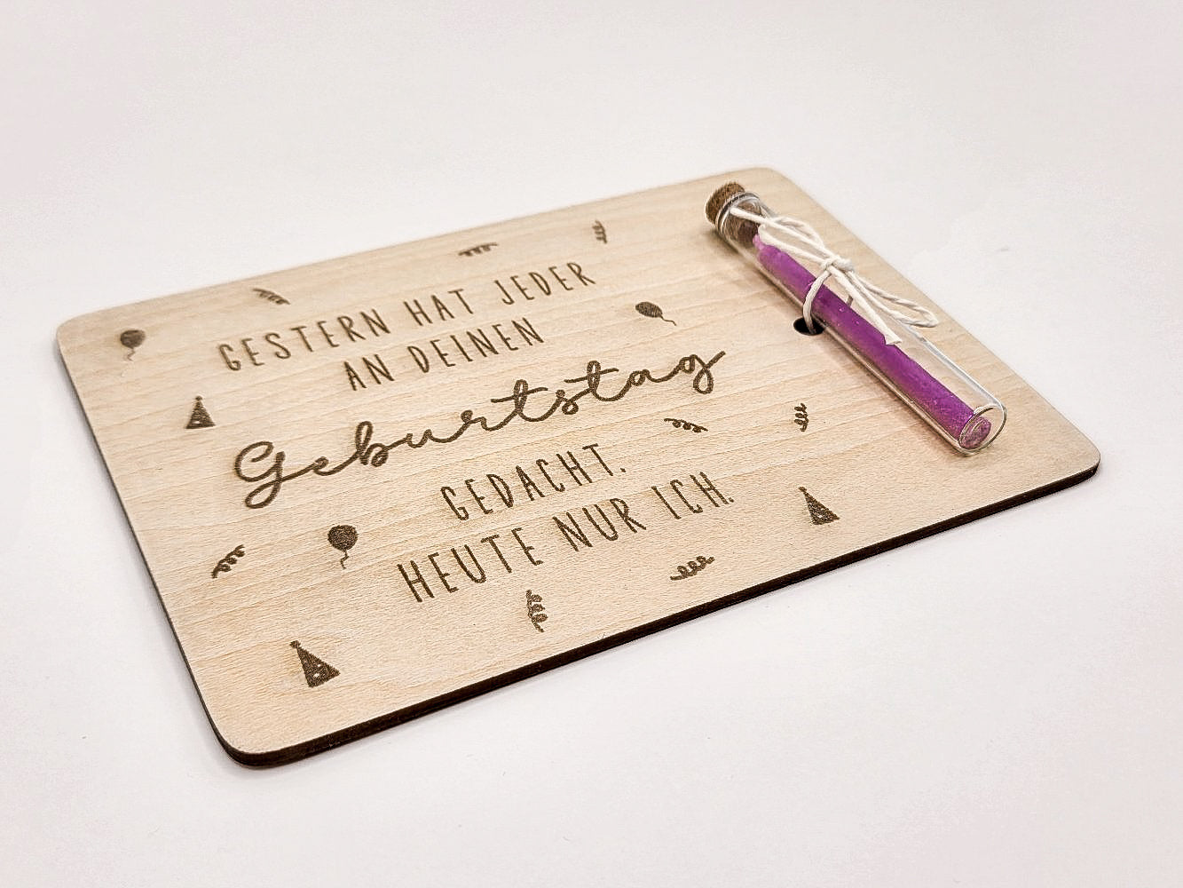 Holzkarte mit Gravur und Kerze – nachträgliche Geburtstagskarte aus Holz mit Spruch „Heute nur ich“, kleine Aufmerksamkeit zum Geburtstag