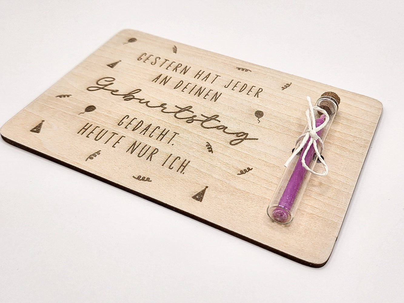 Holzkarte mit Gravur und Kerze – nachträgliche Geburtstagskarte aus Holz mit Spruch „Heute nur ich“, kleine Aufmerksamkeit zum Geburtstag