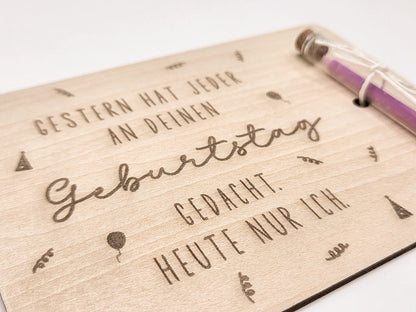 Holzkarte mit Gravur und Kerze – nachträgliche Geburtstagskarte aus Holz mit Spruch „Heute nur ich“, kleine Aufmerksamkeit zum Geburtstag