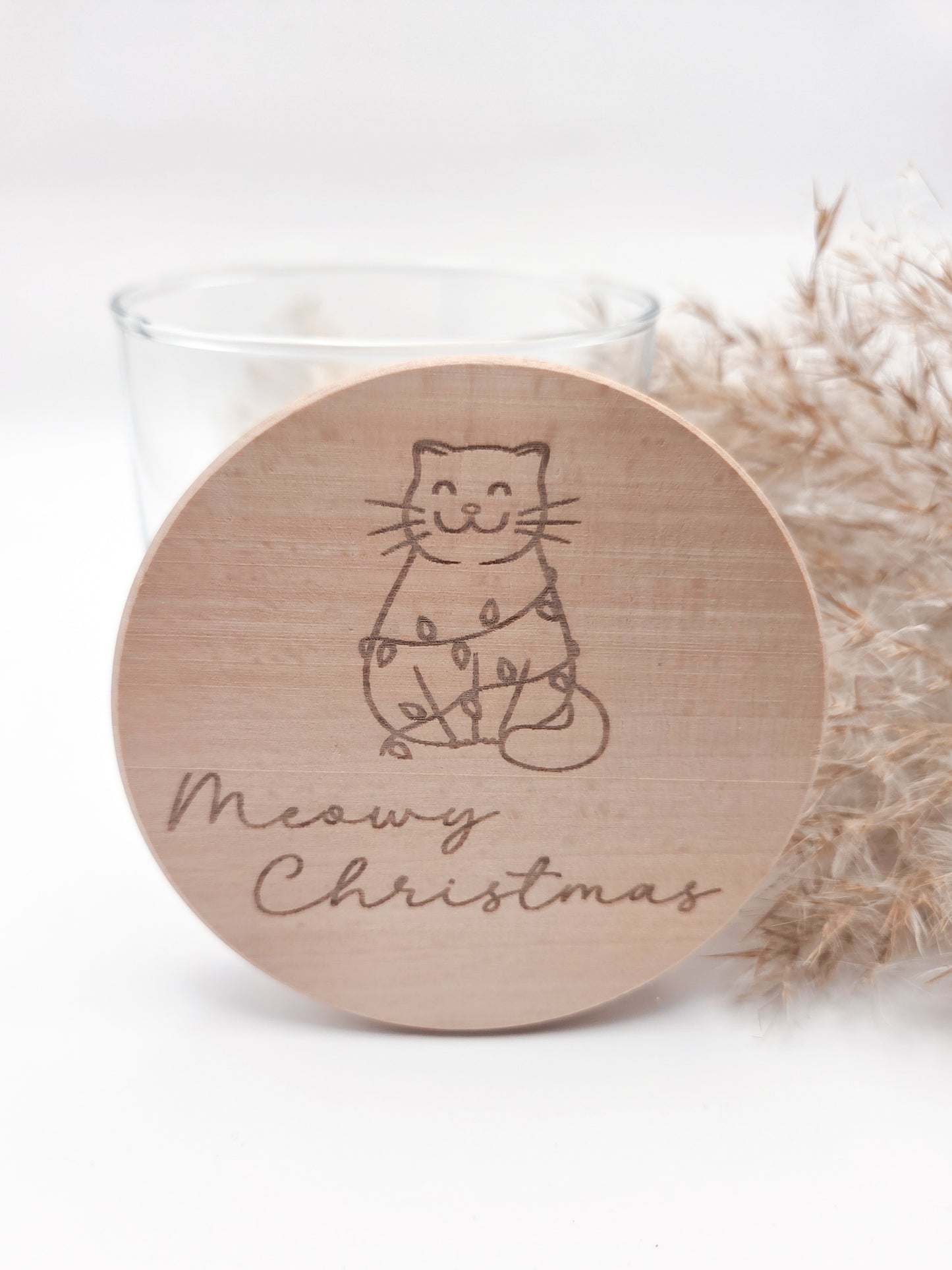 Weihnachtsgeschenk für Katzenliebhaber – Glas mit Lasergravur Katze und Schriftzug Meowy Christmas