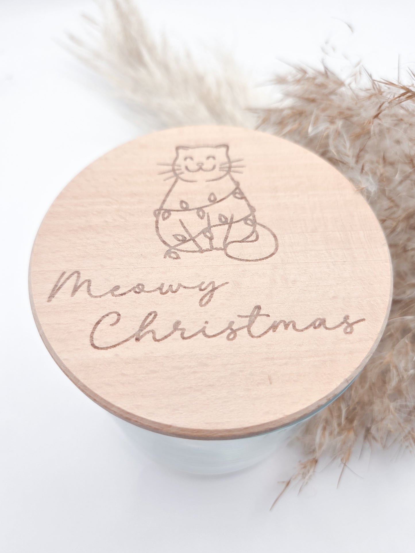 Weihnachtsgeschenk für Katzenliebhaber – Glas mit Lasergravur Katze und Schriftzug Meowy Christmas