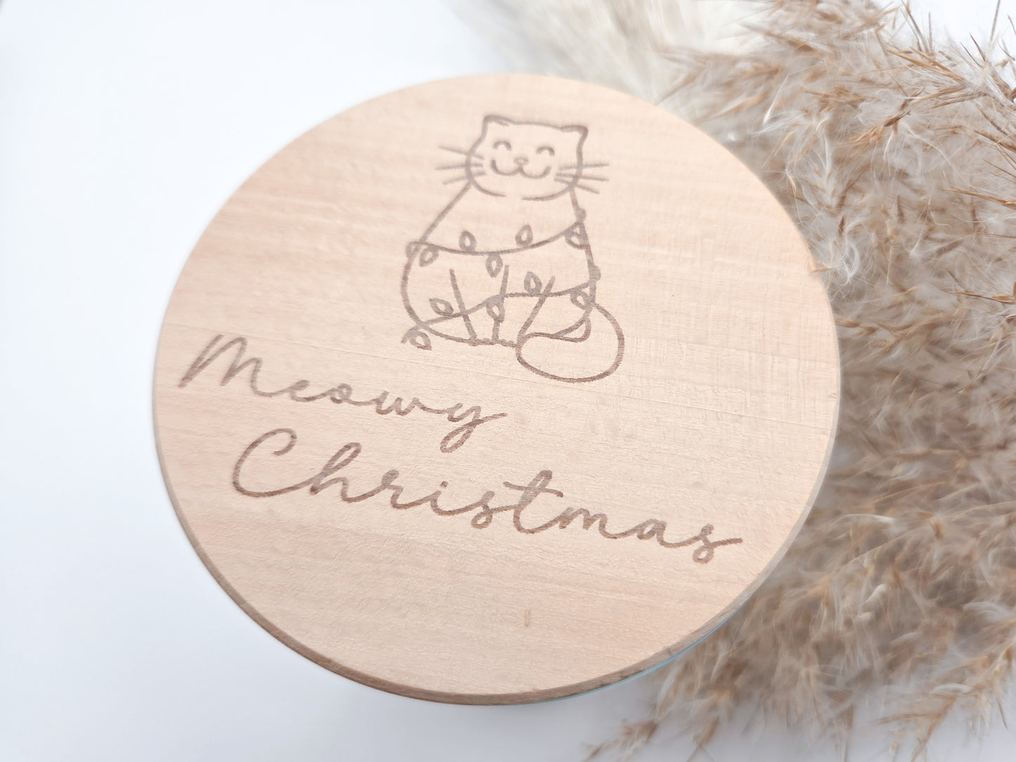 Weihnachtsgeschenk für Katzenliebhaber – Glas mit Lasergravur Katze und Schriftzug Meowy Christmas