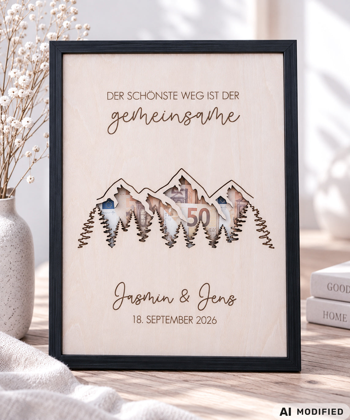 Personalisiertes Geldgeschenk zur Hochzeit aus Holz mit filigran ausgeschnittener Berg- und Waldlandschaft. Hinter den Bergen lassen sich Geldscheine dekorativ platzieren. Mit Gravur „Der schönste Weg ist der gemeinsame“, Namen des Brautpaares und Hochzeitsdatum. Originelles Hochzeitsgeschenk für Braut und Bräutigam, ideal als Geldgeschenk zur Hochzeit, personalisierte Hochzeitsdeko und besondere Geschenkidee für Paare, Bergliebhaber, Wanderfreunde und Naturliebhaber.