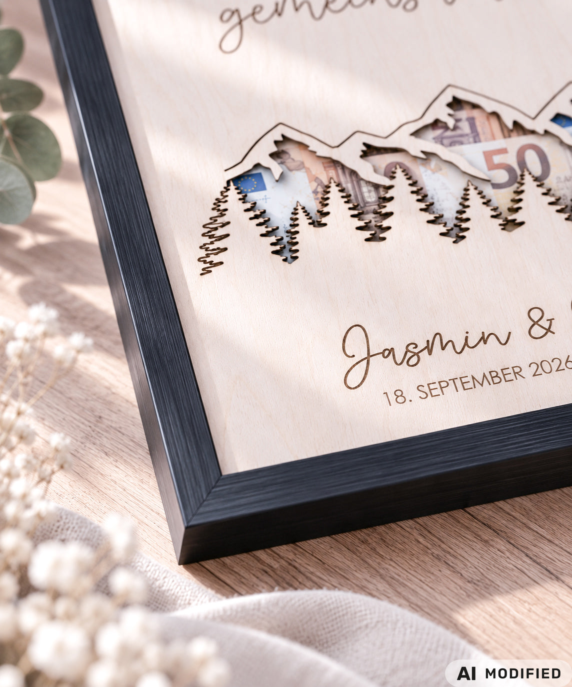 Personalisiertes Geldgeschenk zur Hochzeit aus Holz mit filigran ausgeschnittener Berg- und Waldlandschaft. Hinter den Bergen lassen sich Geldscheine dekorativ platzieren. Mit Gravur „Der schönste Weg ist der gemeinsame“, Namen des Brautpaares und Hochzeitsdatum. Originelles Hochzeitsgeschenk für Braut und Bräutigam, ideal als Geldgeschenk zur Hochzeit, personalisierte Hochzeitsdeko und besondere Geschenkidee für Paare, Bergliebhaber, Wanderfreunde und Naturliebhaber.