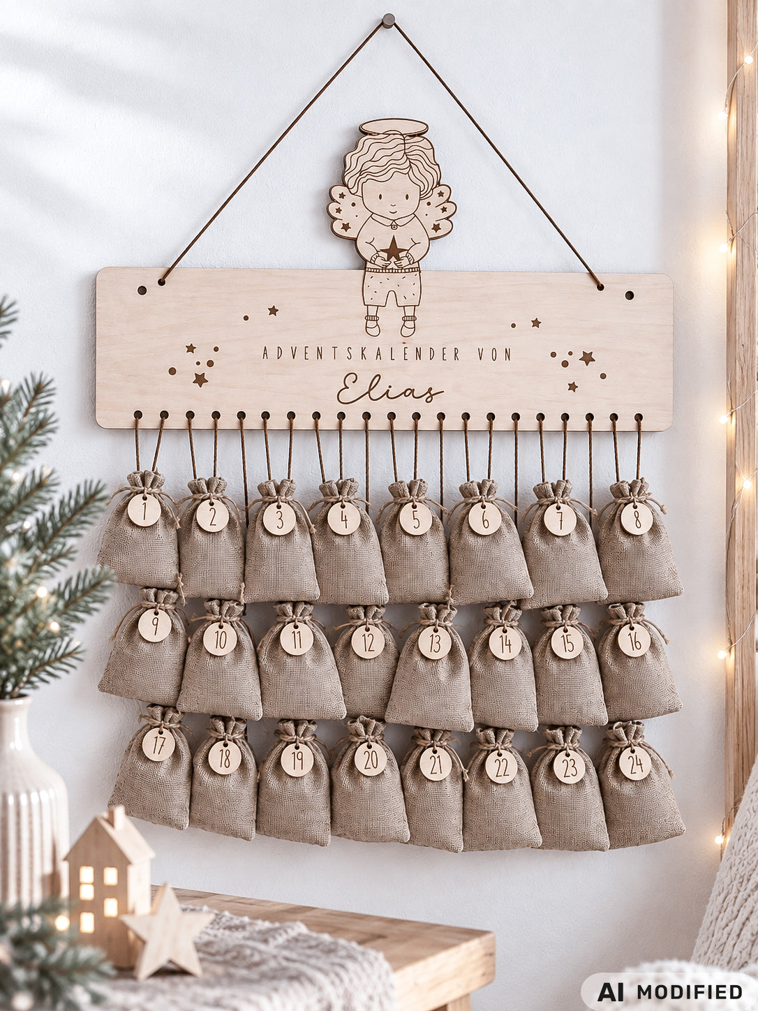 Personalisierter Adventskalender aus Holz für Kinder mit Engel, Wunschname und 24 nummerierten Säckchen zum Befüllen. Das gravierte Holzschild mit Sternen und Engelmotiv hängt als Weihnachtsdeko an der Wand. Individueller Adventskalender mit Name für Mädchen und Jungen, erhältlich in drei Varianten: als personalisiertes Holzschild, mit 24 Zahlenanhängern oder als Komplett-Set mit 24 Säckchen für kleine Überraschungen im Advent.