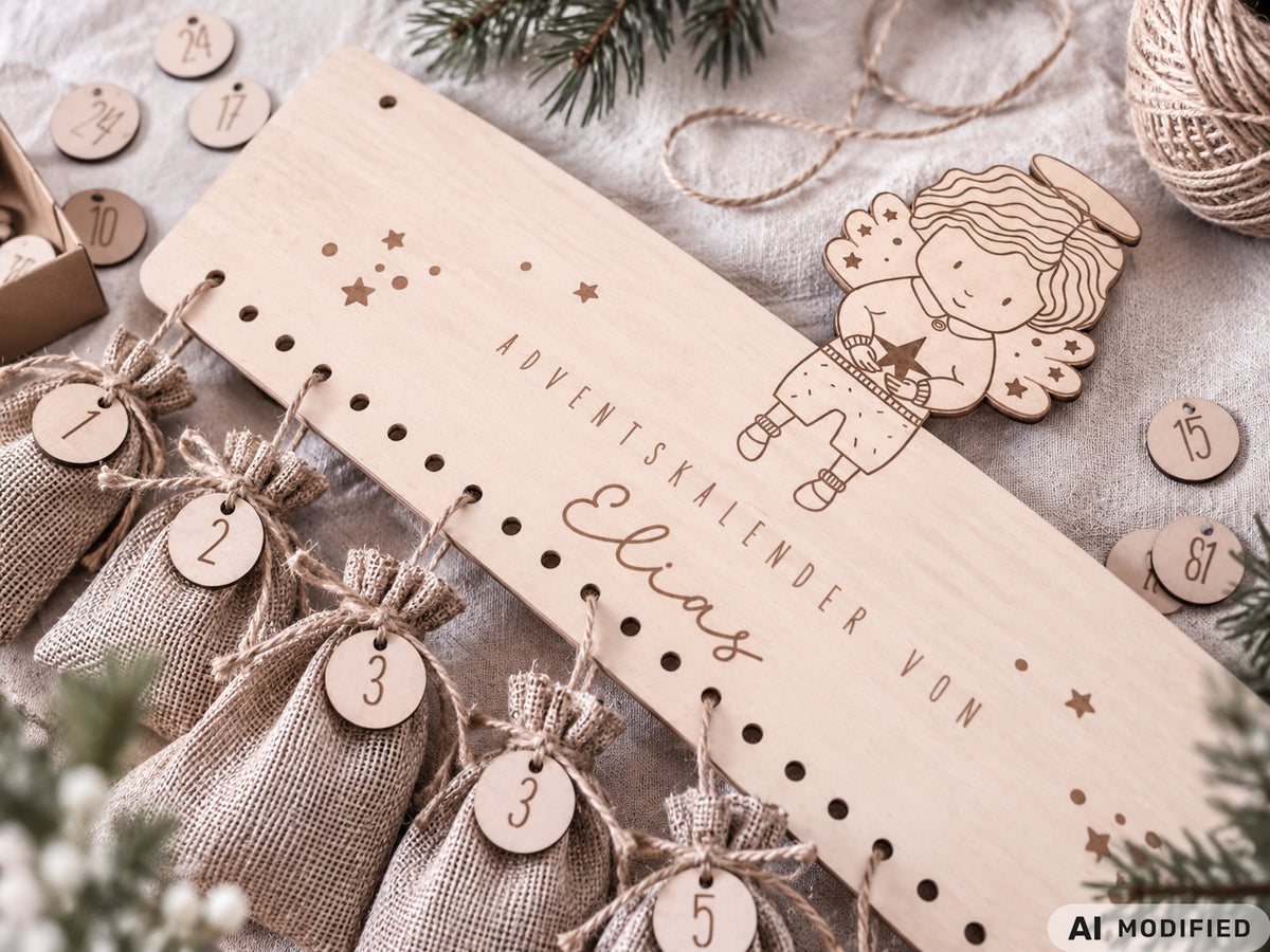 Personalisierter Adventskalender aus Holz für Kinder mit Engel, Wunschname und 24 nummerierten Säckchen zum Befüllen. Das gravierte Holzschild mit Sternen und Engelmotiv hängt als Weihnachtsdeko an der Wand. Individueller Adventskalender mit Name für Mädchen und Jungen, erhältlich in drei Varianten: als personalisiertes Holzschild, mit 24 Zahlenanhängern oder als Komplett-Set mit 24 Säckchen für kleine Überraschungen im Advent.