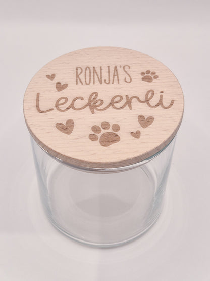Personalisiertes Leckerli Glas für Hunde – gravierter Hundename, „Leckerli“, Tierpfoten als Geschenk für deinen vierbeinigen Liebling