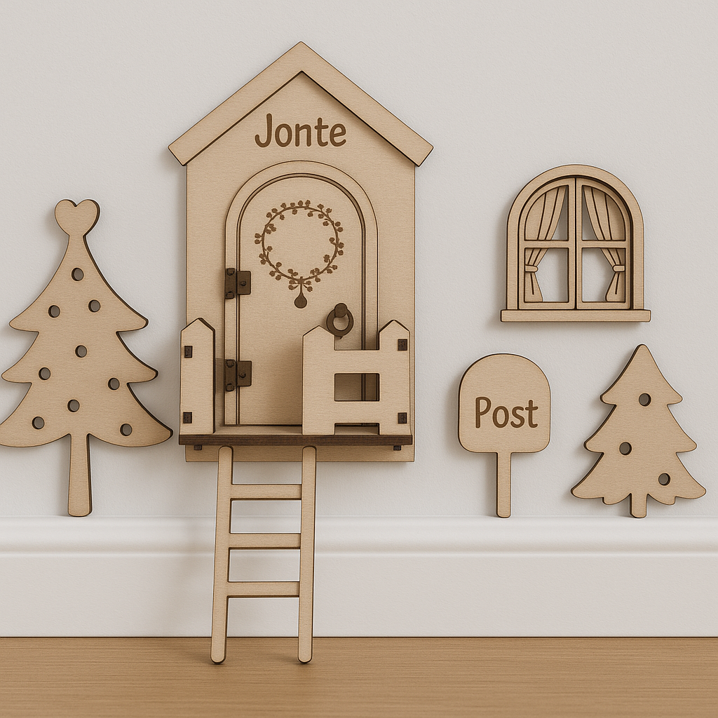 Personalisierte Wichteltür aus Holz mit Namen, Weihnachtsdeko im skandinavischen Stil, Kinderzimmer Dekoration mit Leiter, Bäumchen und Postkasten