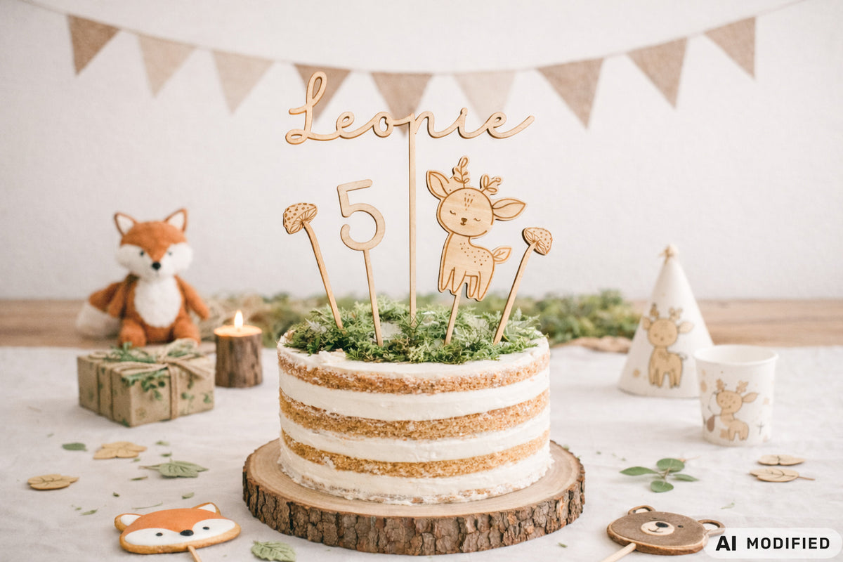 Personalisierter Cake Topper aus Holz mit Name Leonie und Zahl 5 im Waldtiere Design für Kindergeburtstag. Hochwertiger Holz Tortenstecker mit Reh Motiv, graviert und gelasert, perfekte Tortendeko für Naked Cake, Boho Geburtstag, Natur Kinderparty und Scandi Geburtstagsdeko. Nachhaltige Cake Topper personalisiert mit Name und Alter, Waldtier Party Dekoration für Mädchen und Jungen, individuelle Holz Geburtstagsdeko für 1. 2. 3. 4. 5. Geburtstag handgefertigt von Leo&Lu.