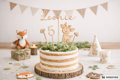 Personalisierter Cake Topper aus Holz mit Name Leonie und Zahl 5 im Waldtiere Design für Kindergeburtstag. Hochwertiger Holz Tortenstecker mit Reh Motiv, graviert und gelasert, perfekte Tortendeko für Naked Cake, Boho Geburtstag, Natur Kinderparty und Scandi Geburtstagsdeko. Nachhaltige Cake Topper personalisiert mit Name und Alter, Waldtier Party Dekoration für Mädchen und Jungen, individuelle Holz Geburtstagsdeko für 1. 2. 3. 4. 5. Geburtstag handgefertigt von Leo&Lu.