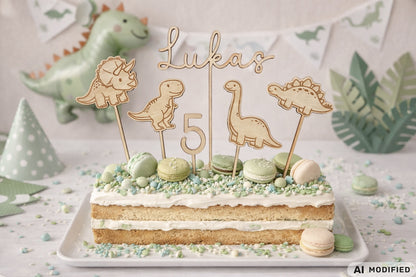 Dino Cake Topper personalisiert aus Holz mit Name und Alter für Dinosaurier Kindergeburtstag Junge. Tortendeko Dinosaurier Set mit Triceratops, T-Rex, Brachiosaurus und Stegosaurus, individueller Namensstecker und Zahl. Hochwertiger Holz Caketopper für Dino Party Deko, Geburtstagstorte Junge 3 4 5 6 Jahre, natürliche Tortendekoration für Naked Cake, Buttercremetorte oder Fondantkuchen. Personalisierte Geburtstagsdeko Holz kaufen bei leoundlu.de.