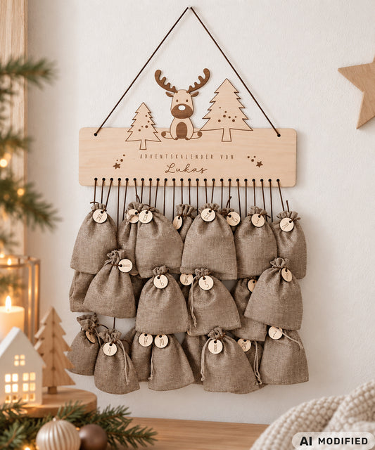 Personalisierter Adventskalender aus Holz mit 24 wiederverwendbaren Stoffbeuteln und Holzanhängern mit Zahlen. Die gravierte Holzleiste zeigt ein niedliches Rentier zwischen Tannenbäumen sowie den Wunschnamen Lukas. Der nachhaltige Weihnachtskalender zum Aufhängen ist individuell personalisierbar und eignet sich für Kinder und Familien. Stilvolle Weihnachtsdekoration im natürlichen skandinavischen Design, ideal zum Befüllen mit kleinen Geschenken und Überraschungen.