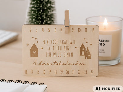 Holz Adventskalender Karte – Wiederverwendbarer Adventskalender aus Holz – Weihnachtsdeko im Scandi Look – DIY Adventskalender mit Klammer