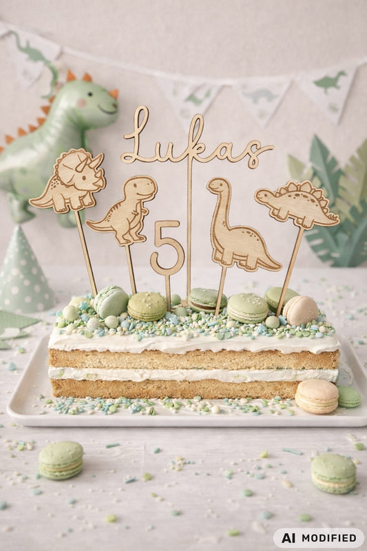 Dino Cake Topper personalisiert aus Holz mit Name und Alter für Dinosaurier Kindergeburtstag Junge. Tortendeko Dinosaurier Set mit Triceratops, T-Rex, Brachiosaurus und Stegosaurus, individueller Namensstecker und Zahl. Hochwertiger Holz Caketopper für Dino Party Deko, Geburtstagstorte Junge 3 4 5 6 Jahre, natürliche Tortendekoration für Naked Cake, Buttercremetorte oder Fondantkuchen. Personalisierte Geburtstagsdeko Holz kaufen bei leoundlu.de.