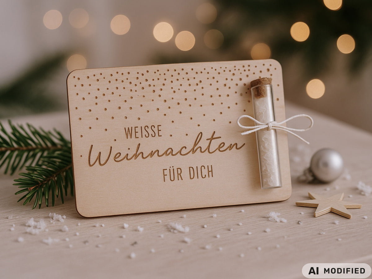 Holzkarte „Weiße Weihnachten“ mit Glasröhrchen, Gravur und winterlicher Deko im skandinavischen Stil auf hellem Holztisch