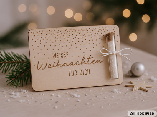 Holzkarte „Weiße Weihnachten“ mit Glasröhrchen, Gravur und winterlicher Deko im skandinavischen Stil auf hellem Holztisch