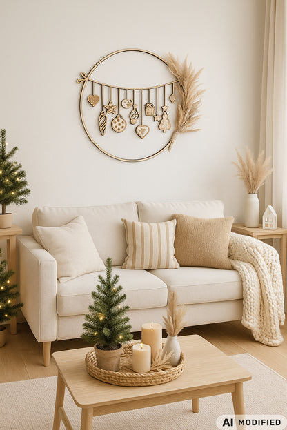 Weihnachtskranz aus Holz mit filigranen Anhängern im skandinavischen Stil als Wand- und Türdeko.