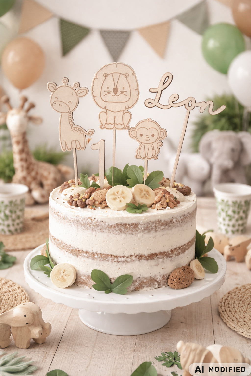 Personalisierter Cake Topper aus Holz mit dem Namen „Leon“, einer großen Zahl 1 sowie liebevoll gestalteten Dschungeltieren als Tortenstecker für den ersten Geburtstag. Das Set besteht aus einer Giraffe, einem Löwen und einem Affen in natürlicher Holzoptik und schmückt eine Naked Cake Torte mit Bananenscheiben, Nüssen und frischen Blättern. Die stimmige Safari-Dekoration mit Ballons und Tierfiguren macht den hochwertigen Holz-Cake Topper zum besonderen Highlight jeder Geburtstagsfeier.
