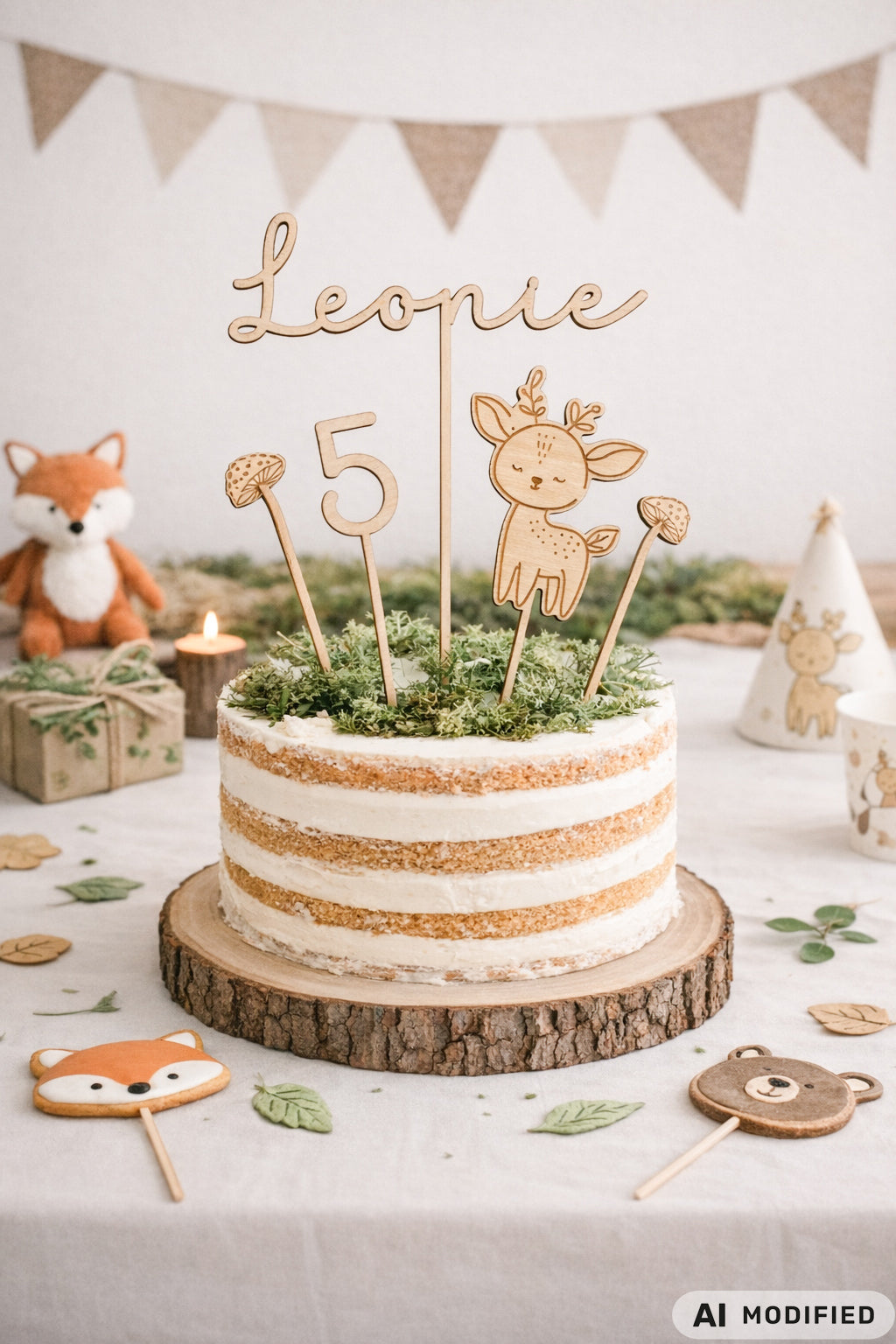 Personalisierter Cake Topper aus Holz mit Name Leonie und Zahl 5 im Waldtiere Design für Kindergeburtstag. Hochwertiger Holz Tortenstecker mit Reh Motiv, graviert und gelasert, perfekte Tortendeko für Naked Cake, Boho Geburtstag, Natur Kinderparty und Scandi Geburtstagsdeko. Nachhaltige Cake Topper personalisiert mit Name und Alter, Waldtier Party Dekoration für Mädchen und Jungen, individuelle Holz Geburtstagsdeko für 1. 2. 3. 4. 5. Geburtstag handgefertigt von Leo&Lu.