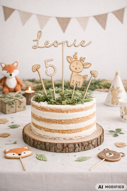 Personalisierter Cake Topper aus Holz mit Name Leonie und Zahl 5 im Waldtiere Design für Kindergeburtstag. Hochwertiger Holz Tortenstecker mit Reh Motiv, graviert und gelasert, perfekte Tortendeko für Naked Cake, Boho Geburtstag, Natur Kinderparty und Scandi Geburtstagsdeko. Nachhaltige Cake Topper personalisiert mit Name und Alter, Waldtier Party Dekoration für Mädchen und Jungen, individuelle Holz Geburtstagsdeko für 1. 2. 3. 4. 5. Geburtstag handgefertigt von Leo&Lu.