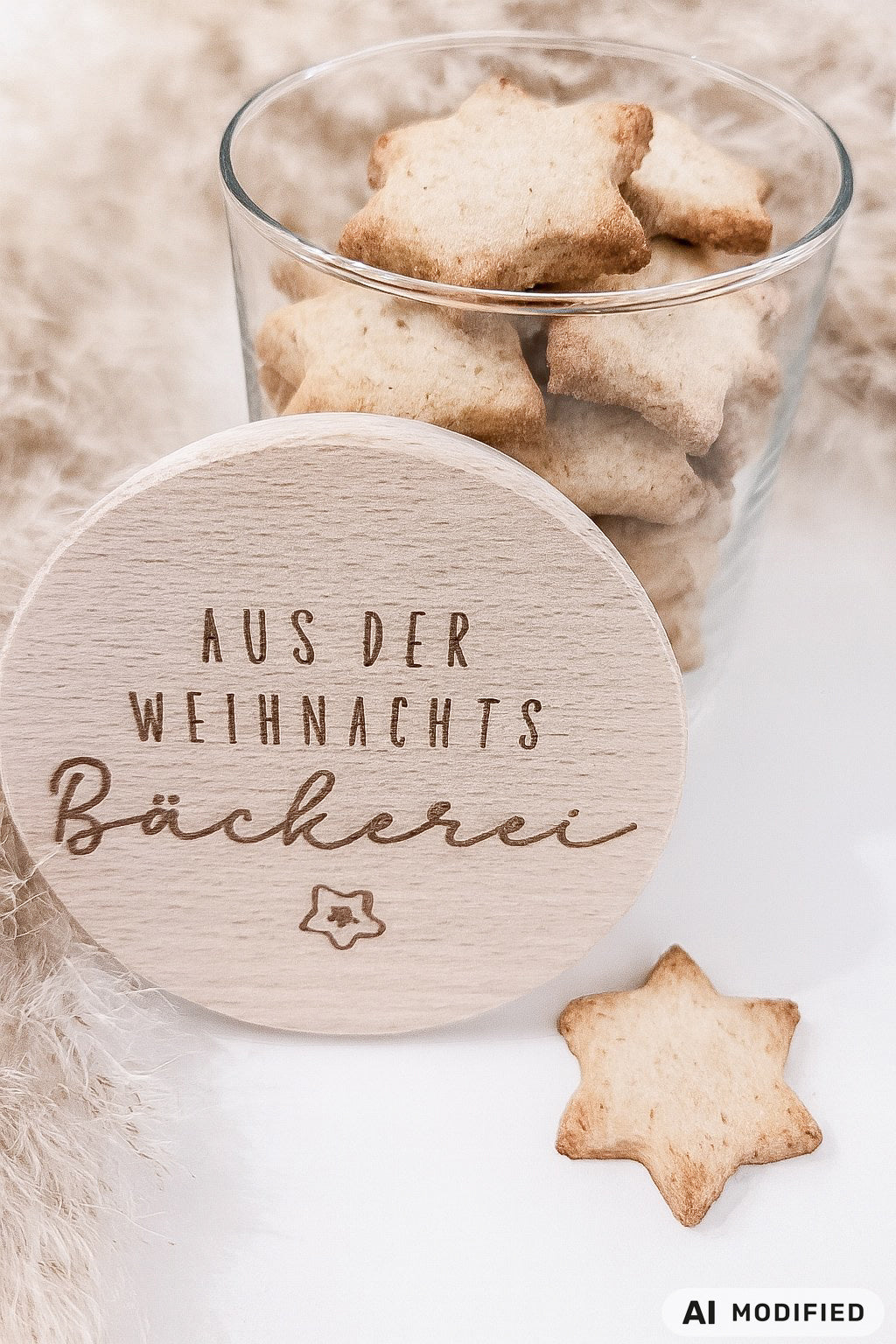 Glas mit graviertem Holzdeckel „Aus der Weihnachtsbäckerei“ als Weihnachtsdeko – ideal zum Befüllen mit Plätzchen oder kleinen Geschenken.
