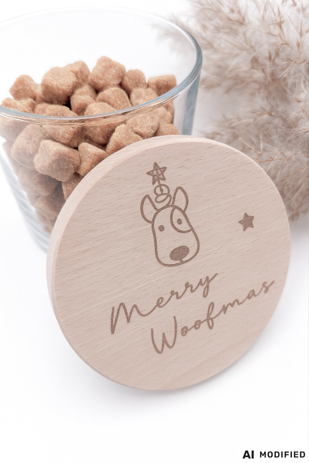 Leckerlidose für Hunde mit graviertem “Merry Woofmas”-Holzdeckel, weihnachtliches Hundegeschenk im skandinavischen Stil.